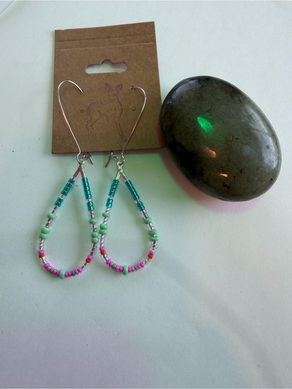 Handmade White and Pink Beaded Teardrop Earrings